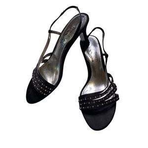 The Touch of Nina Black Satin Rhinestone Slingback Heels Elegant Chic Formal